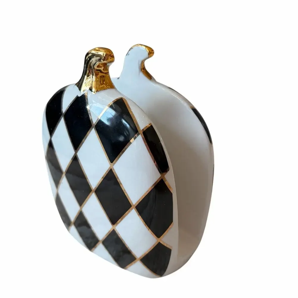 Black & White Harlequin Check Pumpkin Napkin Holder 6in Ceramic Halloween NEW